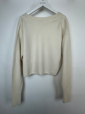 Chloe Cream Cashmere V-Neck Jumper With Embroidered Emblem Detail Size XS