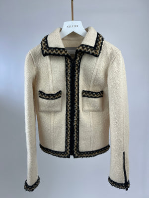 Chanel Cream Tweed Jacket with Brown, White ZigZag Trim Detail Size FR 38 (UK 10)