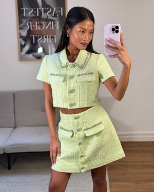 Self-Portrait Lime Green Cropped Short Sleeve Jacket and Skirt Tweed Set with Crystal Embellishment Details Size (UK 8)