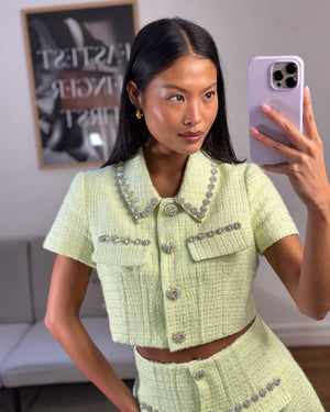 Self-Portrait Lime Green Cropped Short Sleeve Jacket and Skirt Tweed Set with Crystal Embellishment Details Size (UK 8)