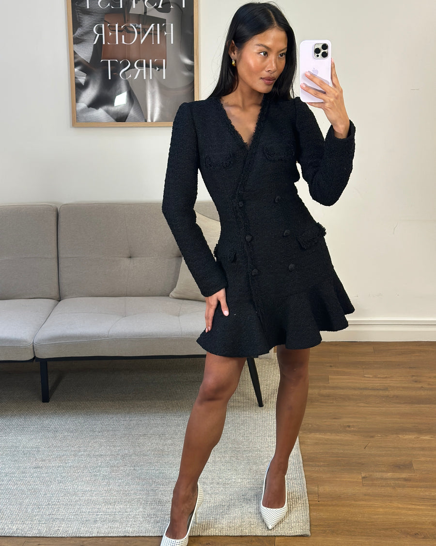 Self-Portrait Black Tweed Mini Long Sleeve Dress With Double Breasted Buttons Size (UK 6)