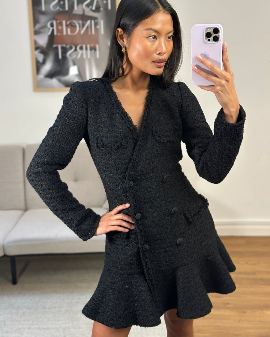 Self-Portrait Black Tweed Mini Long Sleeve Dress With Double Breasted Buttons Size (UK 6)