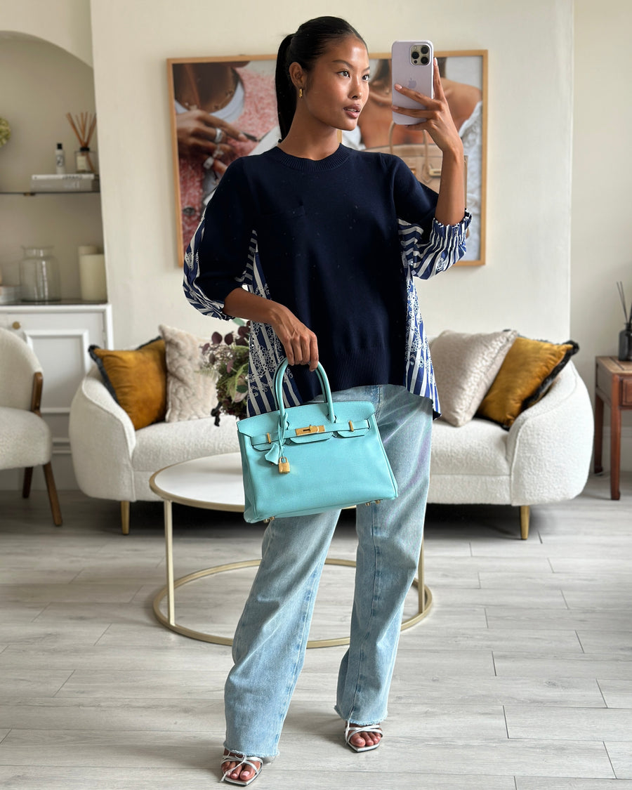 *RARE* Hermès Birkin 30cm Retourne Bag in Bleu Atoll Epsom Leather and Gold Hardware