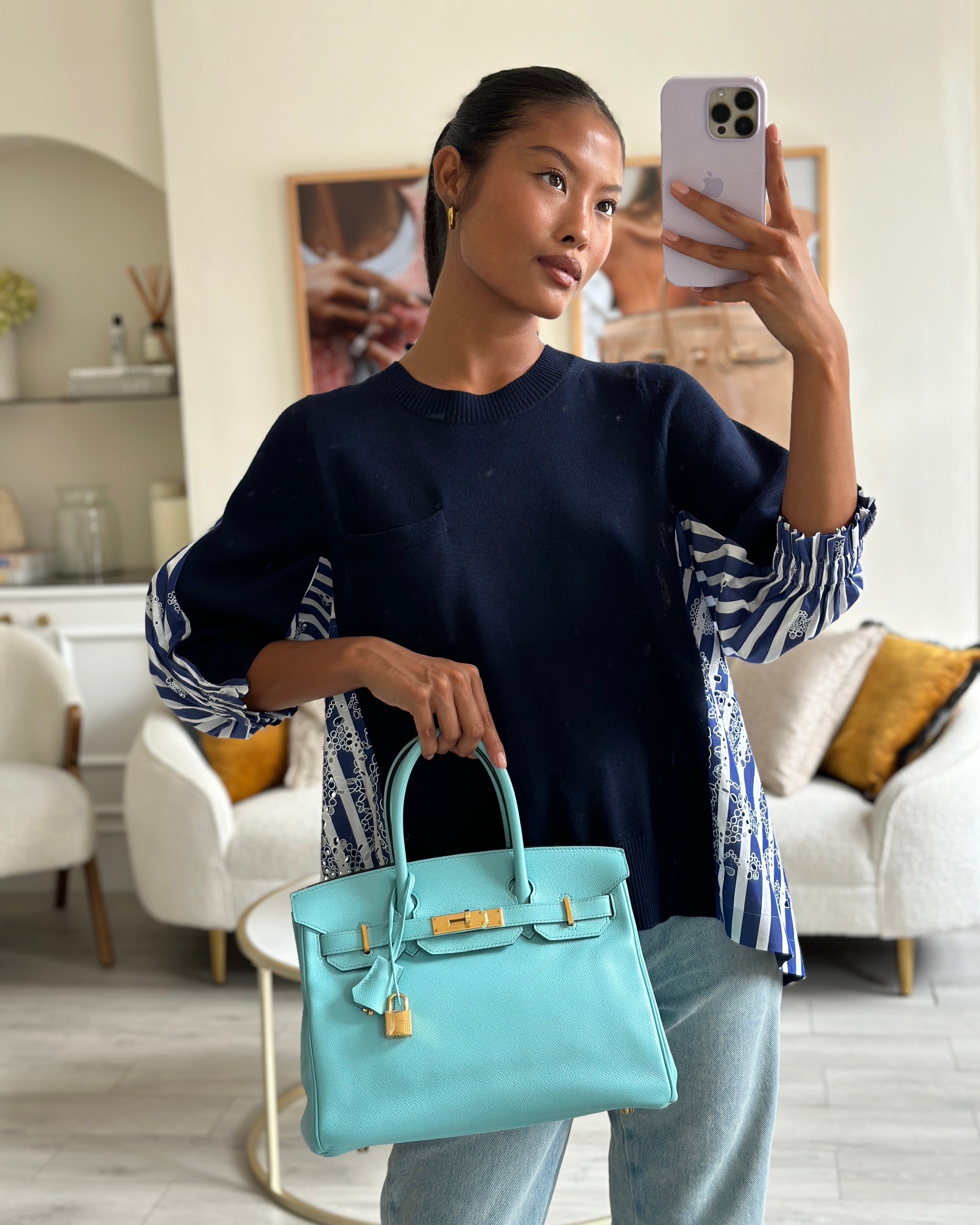 RARE Hermes Birkin 30cm Retourne Bag in Bleu Atoll Epsom Leather and Sellier