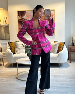 Area Hot Pink & Black Checked Blazer with Cut-Out Detail & Crystals Embellishments Size US 6 (UK 10)