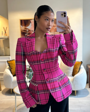 Area Hot Pink & Black Checked Blazer with Cut-Out Detail & Crystals Embellishments Size US 6 (UK 10)