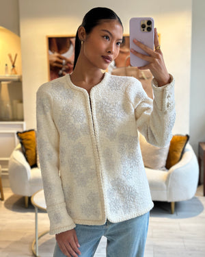 Chanel 15A Paris-Salzburg Cream Tweed Jacket with Sequin Embellished Edelweiss and Pearl Buttons Size FR 36 (UK 8)