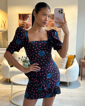 Alessandra Rich Black, Blue and Pink Polka Dot and Rose Printed Silk Mini Dress Size IT 36 (UK 4)