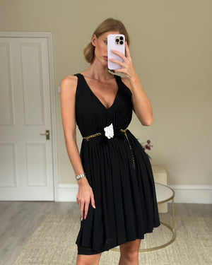 Chanel Black Silk Pleated Mini Dress with Gold Chain Belt and Flower Bow Detail FR 34 (UK 6)