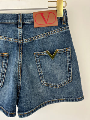 Valentino Dark Denim Shorts with Gold V Logo Back Pocket Detail Size 25 (UK 6)