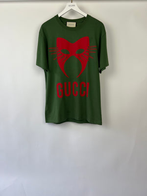 Gucci Menswear Khaki Over-Sized T-Shirt with Red Mask Logo Print Size M (UK 38)