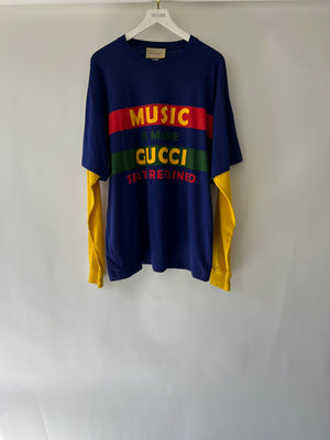 Gucci Navy Menswear Over-Sized T-Shirt with Yellow Long Sleeves and Lettering Print Size M (UK 38)