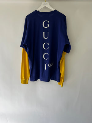 Gucci Navy Menswear Over-Sized T-Shirt with Yellow Long Sleeves and Lettering Print Size M (UK 38)