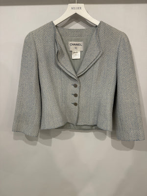 Chanel 00C Baby Blue Tweed Jacket with Silver Logo Button Details Size FR 38 (UK 10)