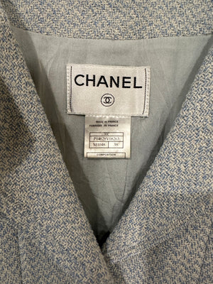 Chanel 00C Baby Blue Tweed Jacket with Silver Logo Button Details Size FR 38 (UK 10)