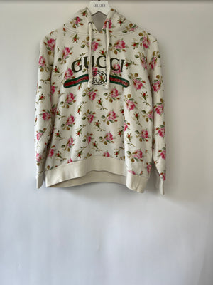 Gucci Ivory Floral Oversized Hoodie with Logo Print Size S (UK 8)