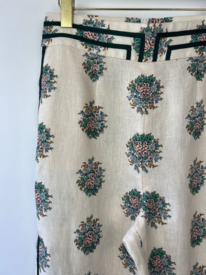 Zimmermann Floral Ivory Linen Trousers with Green Trim Detail Size 2 (UK 12)