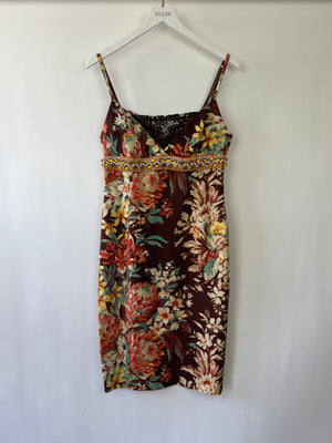 Dolce & Gabbana Brown, Orange Yellow Floral  Printed Midi Dress with Embellished Waistline Detail Size IT 44 (UK 12)