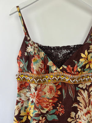 Dolce & Gabbana Brown, Orange Yellow Floral  Printed Midi Dress with Embellished Waistline Detail Size IT 44 (UK 12)