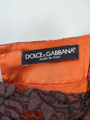 Dolce & Gabbana Brown, Orange Yellow Floral  Printed Midi Dress with Embellished Waistline Detail Size IT 44 (UK 12)