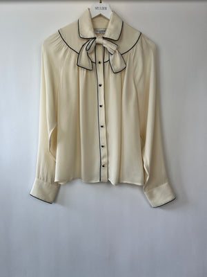 Valentino Cream Long-Sleeve Blouse with Navy Detail and Bow Size IT 42 (UK 10)