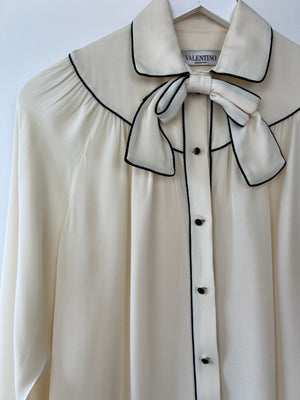 Valentino Cream Long-Sleeve Blouse with Navy Detail and Bow Size IT 42 (UK 10)