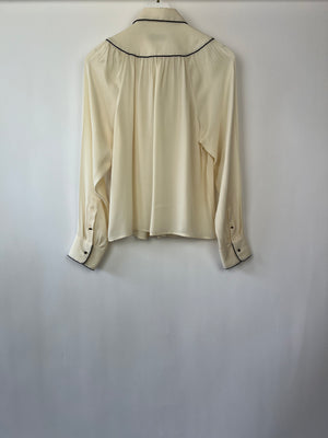 Valentino Cream Long-Sleeve Blouse with Navy Detail and Bow Size IT 42 (UK 10)