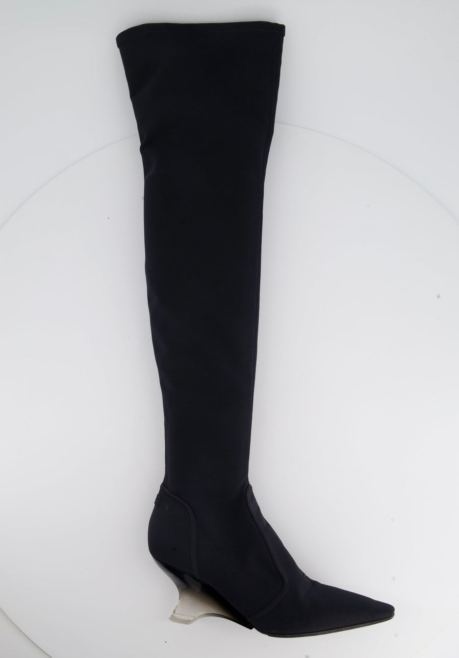 Christian Dior Navy Over-the-Knee Canvas Boots with PVC Heel Detail Size EU 39.5