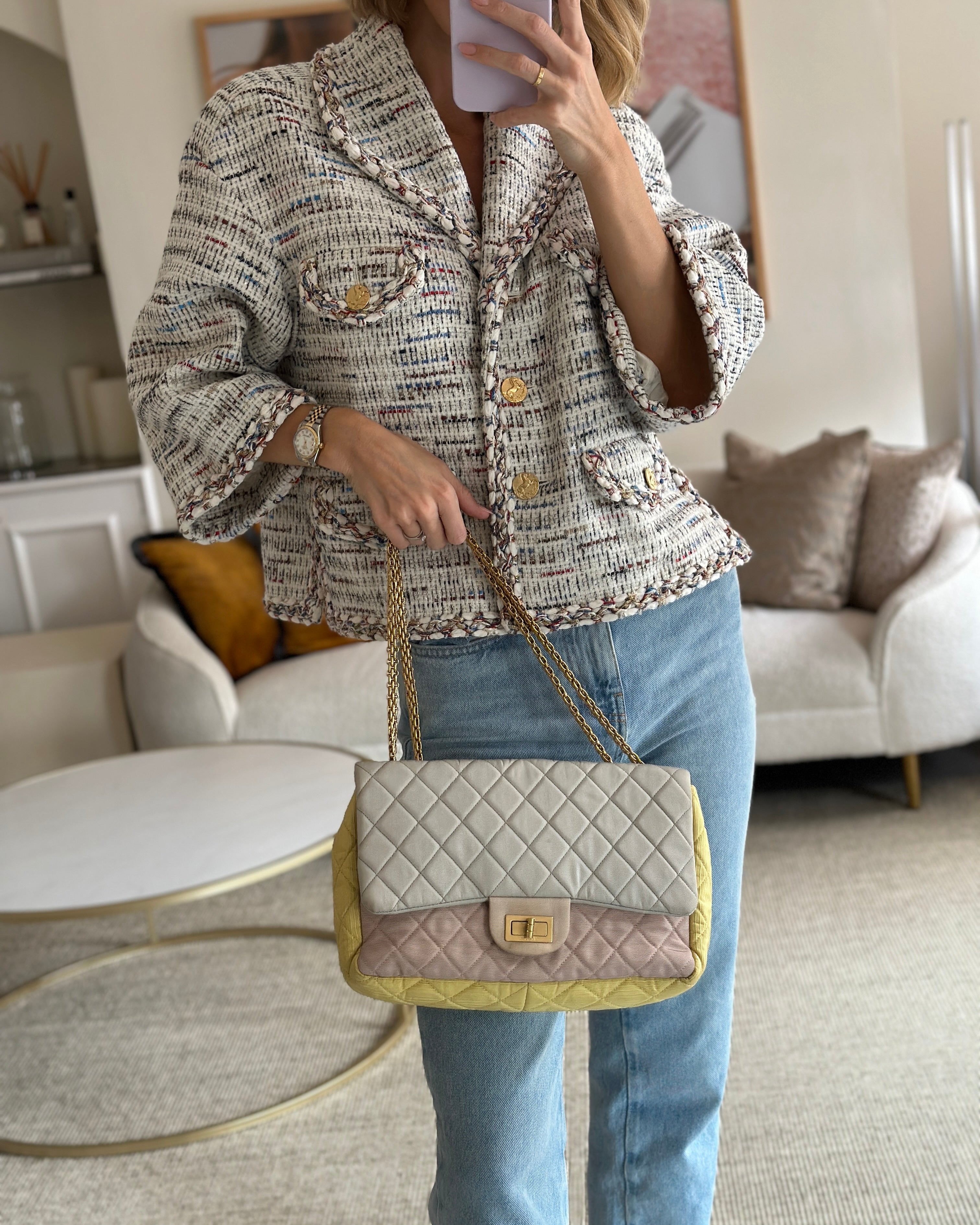 Chanel Large Jersey Reissue Pastel Yellow, Grey and Pink