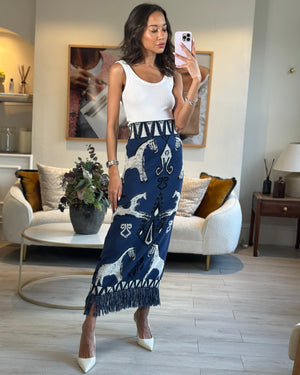 Johanna Ortiz Navy Horse Print Towelling Maxi Skirt with Fringe Detail Size XS (UK 6)