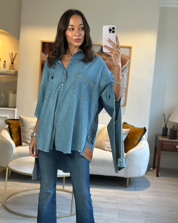 Vetements Blue Oversized Denim Shirt with Distressed Arm Detail Size M (UK 10)