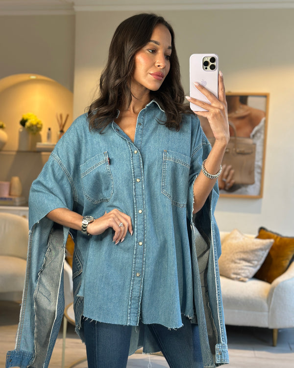 Vetements Blue Oversized Denim Shirt with Distressed Arm Detail Size M (UK 10)