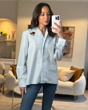 Celine Blue Long Sleeve Shirt with Rose Embroidered Detail Size FR 36 (UK 8)