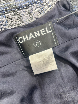 Chanel 05/P Navy, Black and Grey Checked Tweed Jacket and Skirt Set with Frills and CC Button Details Size FR 44 (UK 16)