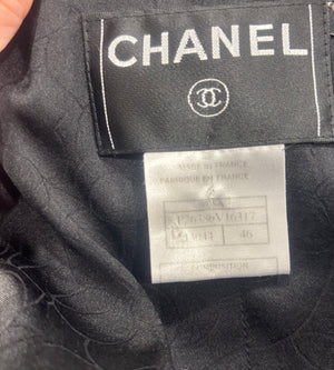 Chanel 05/A Black, Navy, White Tweed Jacket with Frilled Edges and Crystal Chained Button Details Size FR 46 (UK 18)