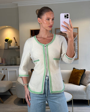 Chanel Cream Cashmere Belted Cardigan With Lilac & Green Woven Trim and Pearl Details Size FR 42 (UK 14)