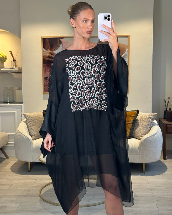 Christian Dior Black Long Sleeve Cape Dress with Pink Sequins Floral Detail Size FR 38 (UK 10)