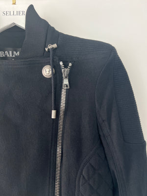 *FIRE PRICE* Balmain Black Jersey Knit Biker Jacket Size FR 36 (UK 8)