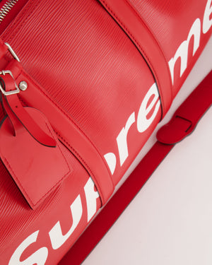 *RARE* Louis Vuitton x Supreme Red Epi Leather Keepall 45 Travel Bag with Silver Hardware