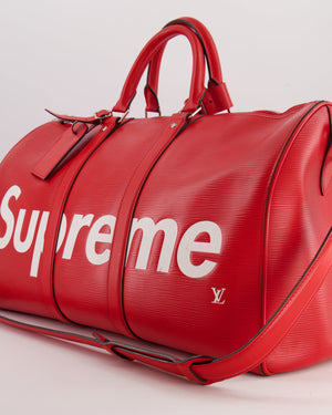 *RARE* Louis Vuitton x Supreme Red Epi Leather Keepall 45 Travel Bag with Silver Hardware