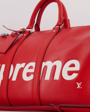 *RARE* Louis Vuitton x Supreme Red Epi Leather Keepall 45 Travel Bag with Silver Hardware