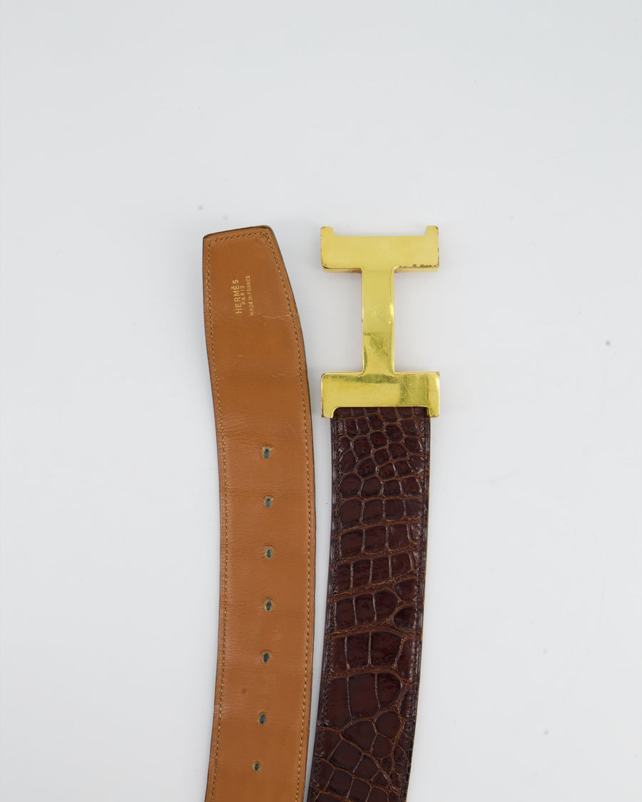 Belts Hermès Vintage Hermes Buckle H Belt 72 Brown Ostrich Leather & Box Gold Ostrich Belt