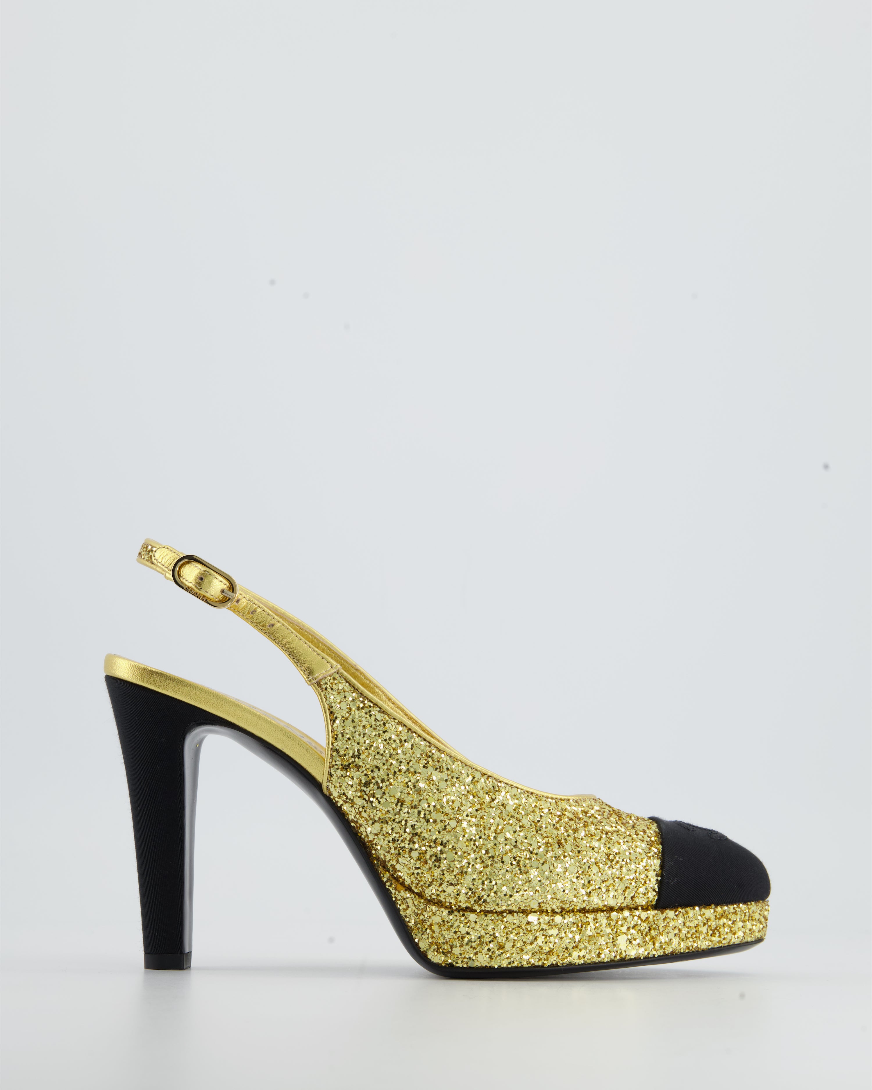HOT* Chanel Gold and Black Glitter Slingback Heels with CC Embellishm –  Sellier