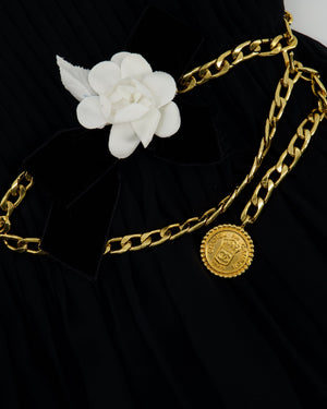 Chanel Black Silk Pleated Mini Dress with Gold Chain Belt and Flower Bow Detail FR 34 (UK 6)