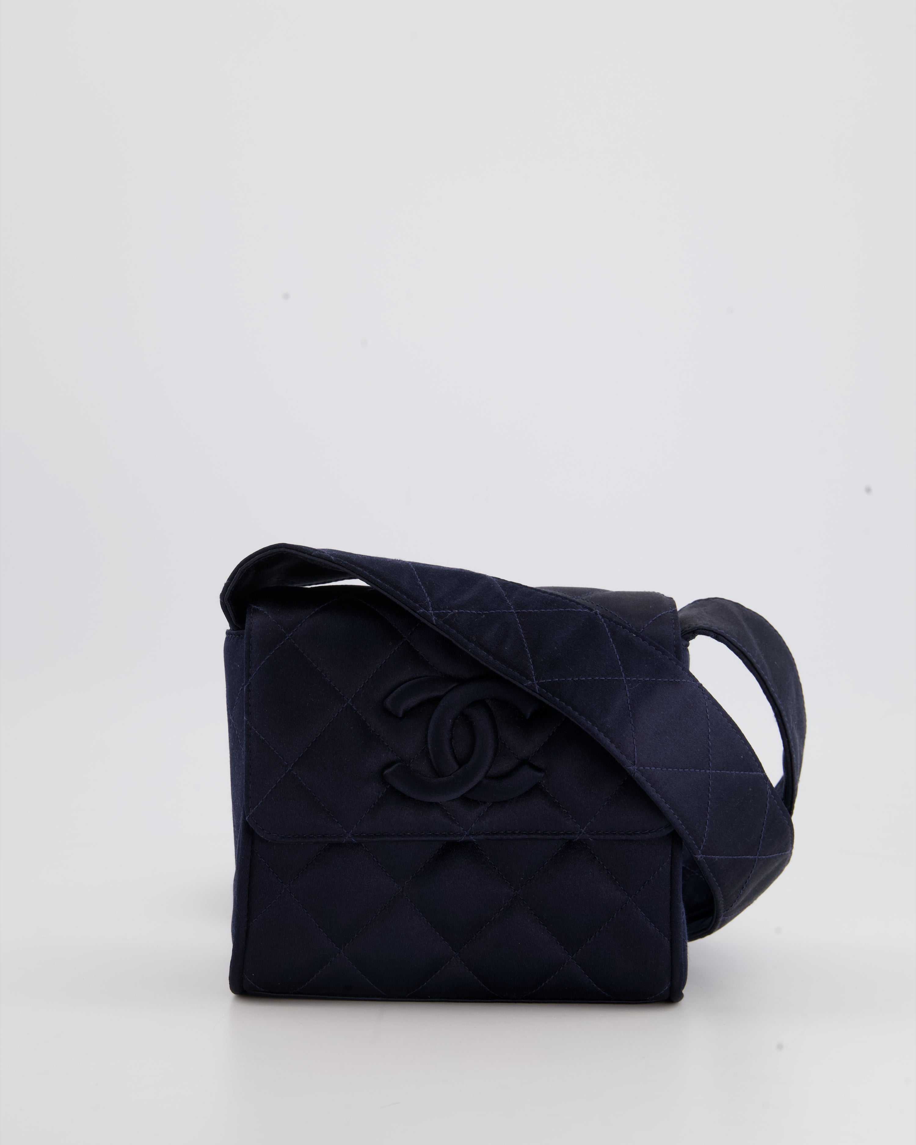 Chanel Navy Vintage Silk Diamond Quilted Shoulder Bag with CC Logo Sellier