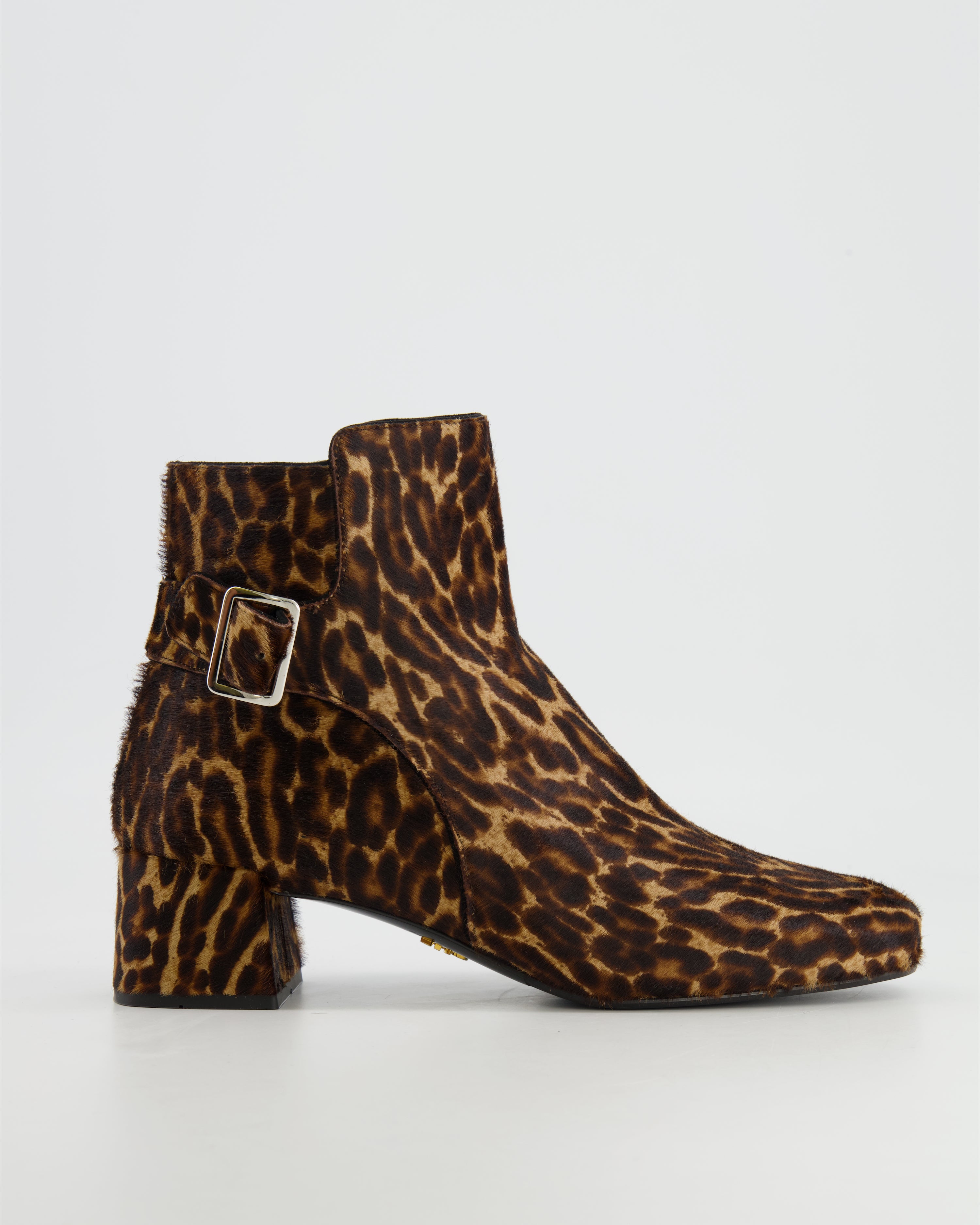 Prada Brown Leopard Pony Hair Boots with Silver Buckle Size EU 36