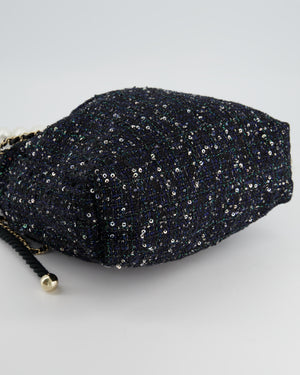 HOT* Chanel Navy Sequin Tweed Hobo Bag with Pearl Rope Handle and