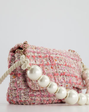 Chanel Pink Tweed Flap Bag with Large Pearl Handle and Champagne