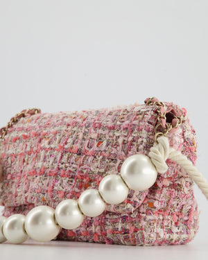 Chanel Pink Tweed Flap Bag With Large Pearl Handle - SS19