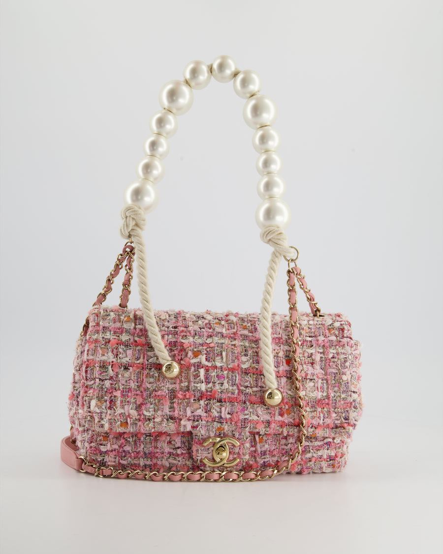 Chanel Small Pink Tweed Flap Bag With Large Pearl Handle Gold